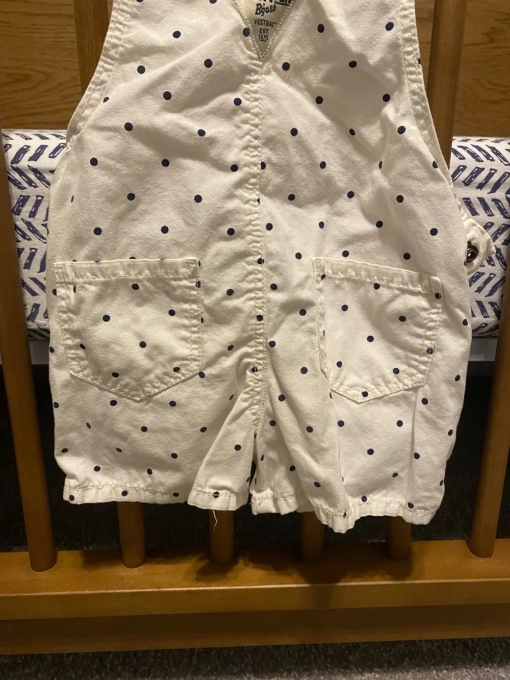 OshKosh B'gosh Cream Short Polka Dot Overalls with Navy Dots